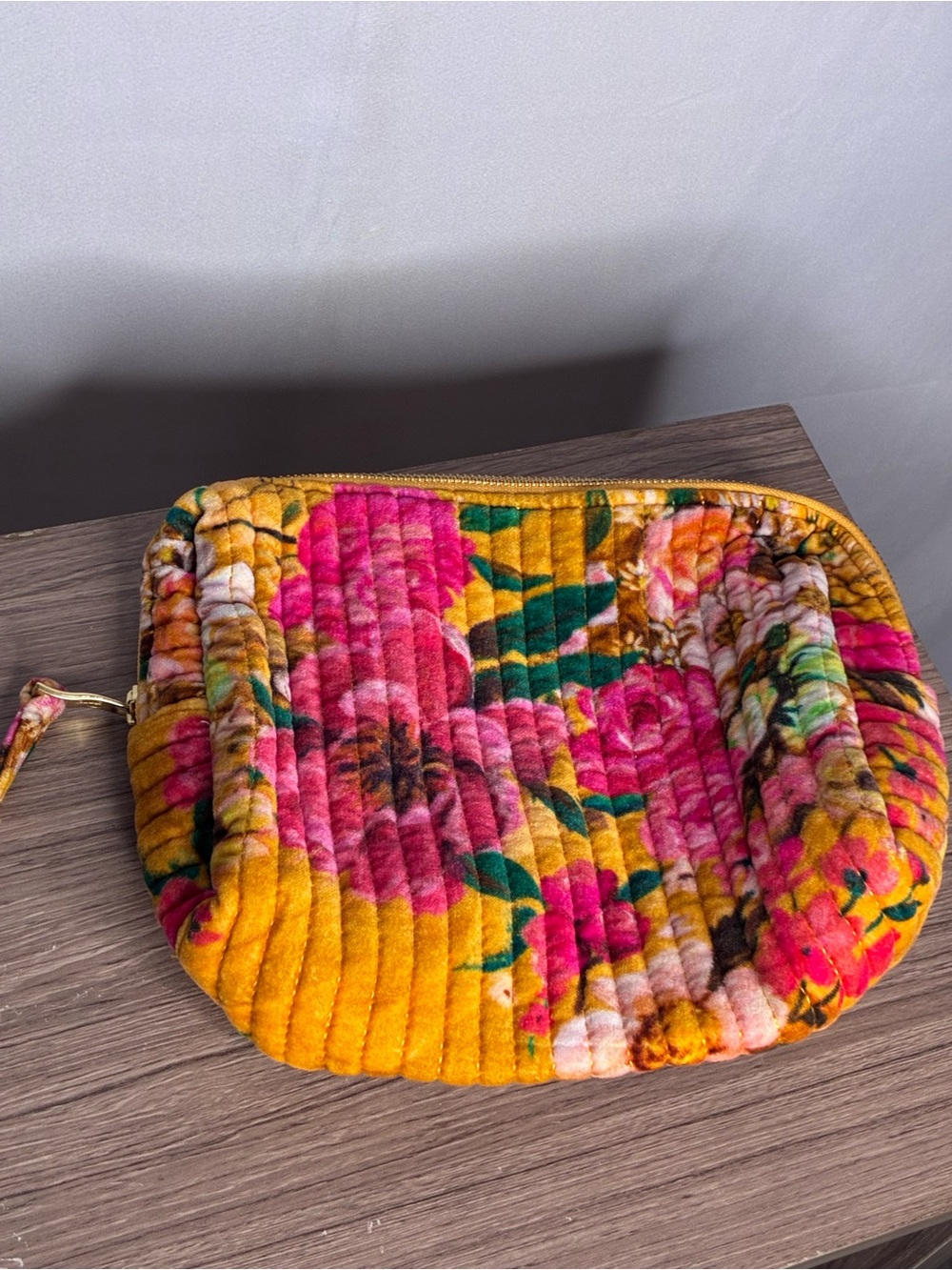 EUC Powder Floral Quilted Velvet Pouch in Mustard & Pink